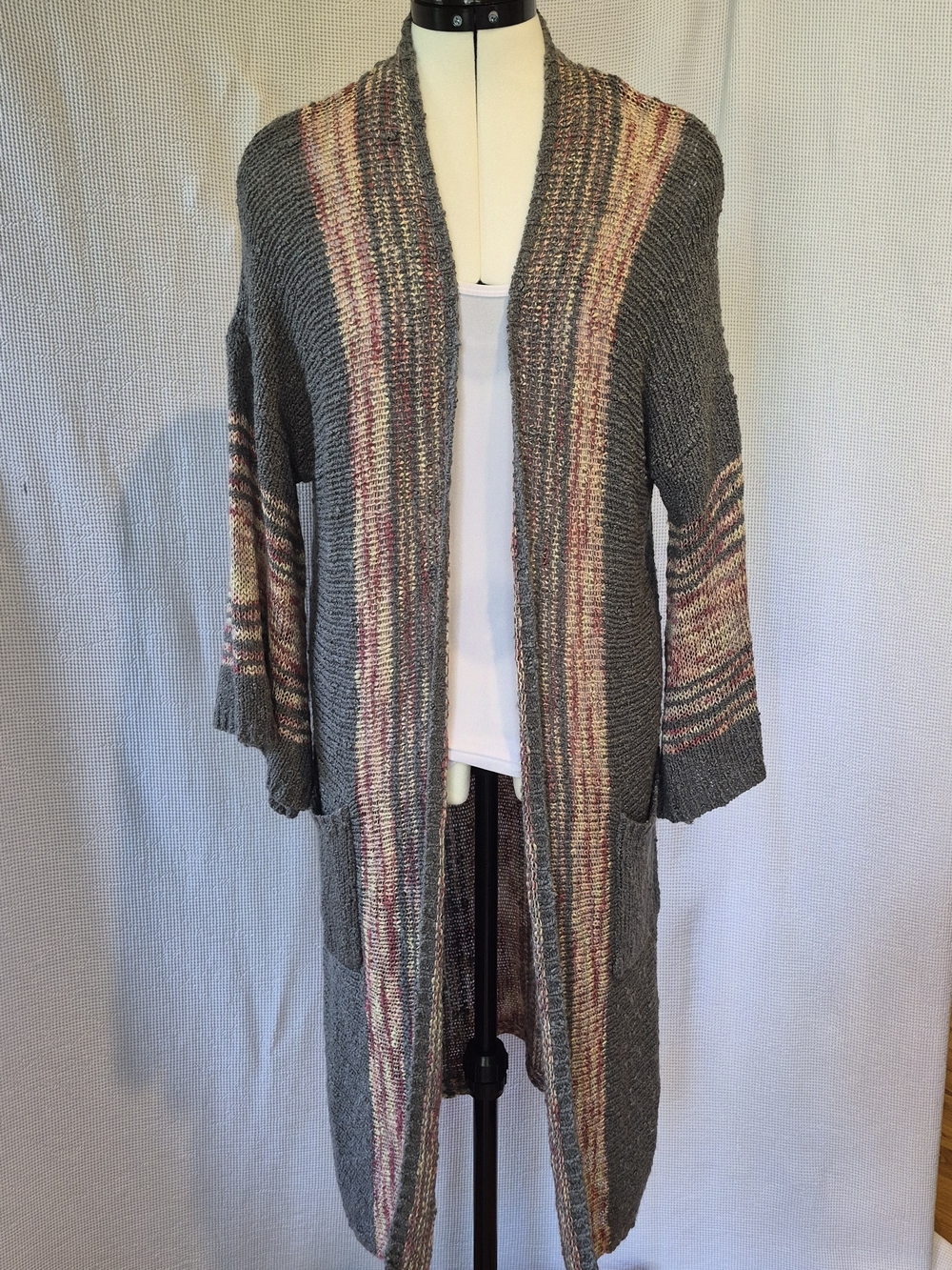 Easel Gray Open-Front Cardigan with Rust and Cream Stripes